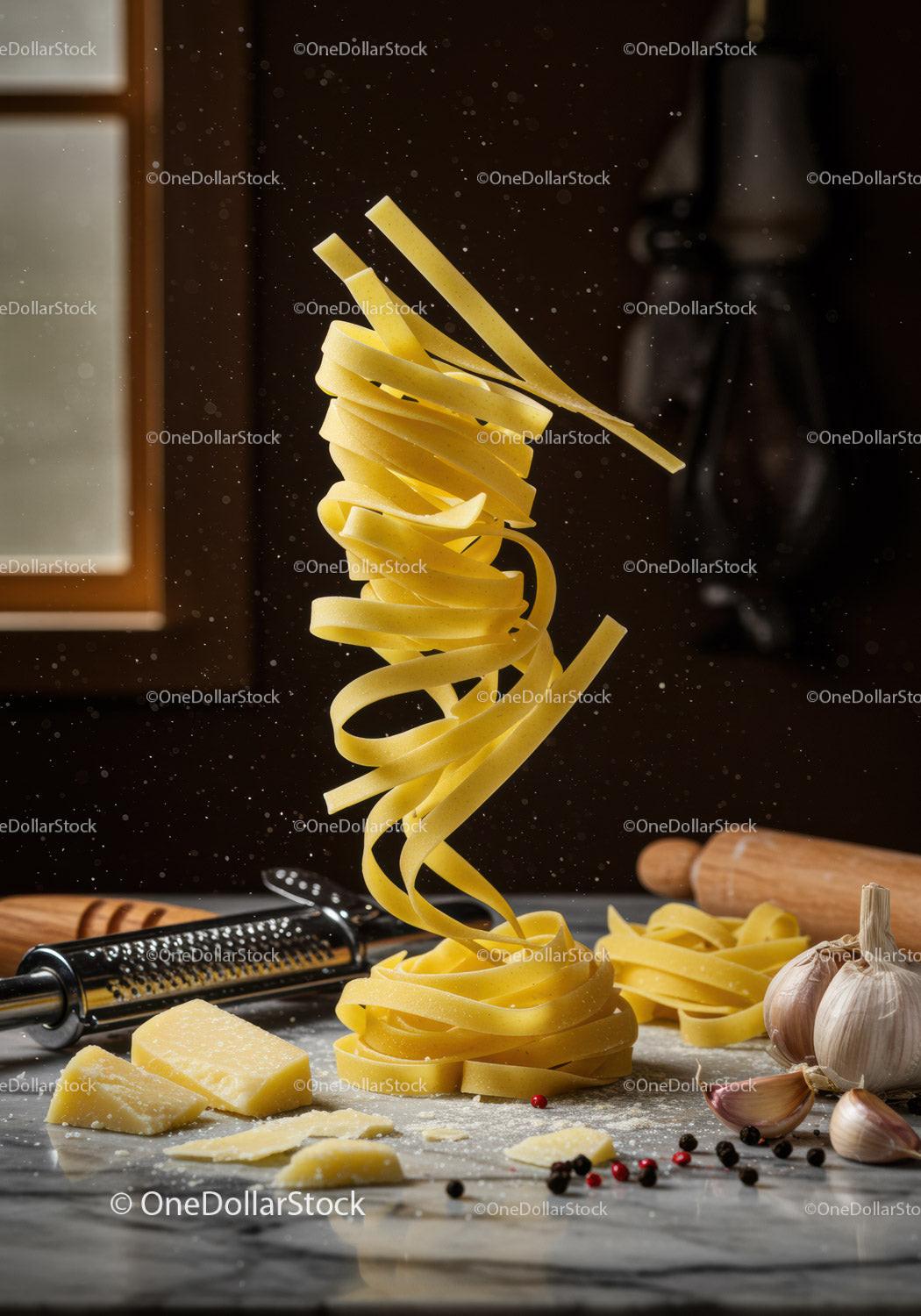 Fresh tagliatelle pasta with cheese and garlic on marble