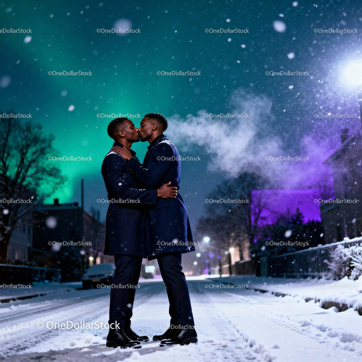 Romantic kiss between couple on snowy winter street