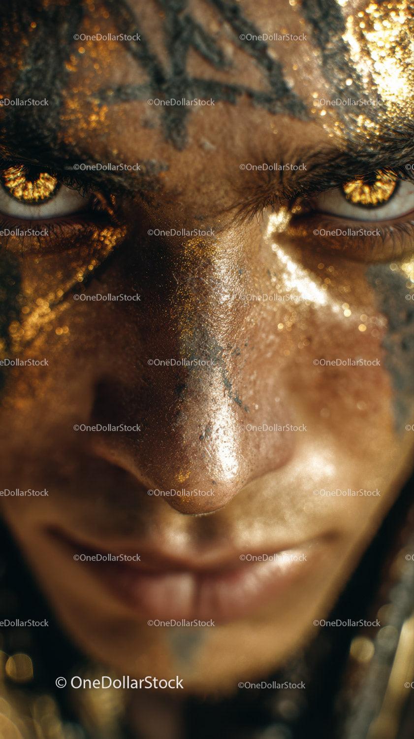 Close-up of An African Tribal Face with Gold Metallic Body Art Stock Photo Bundle preview 34