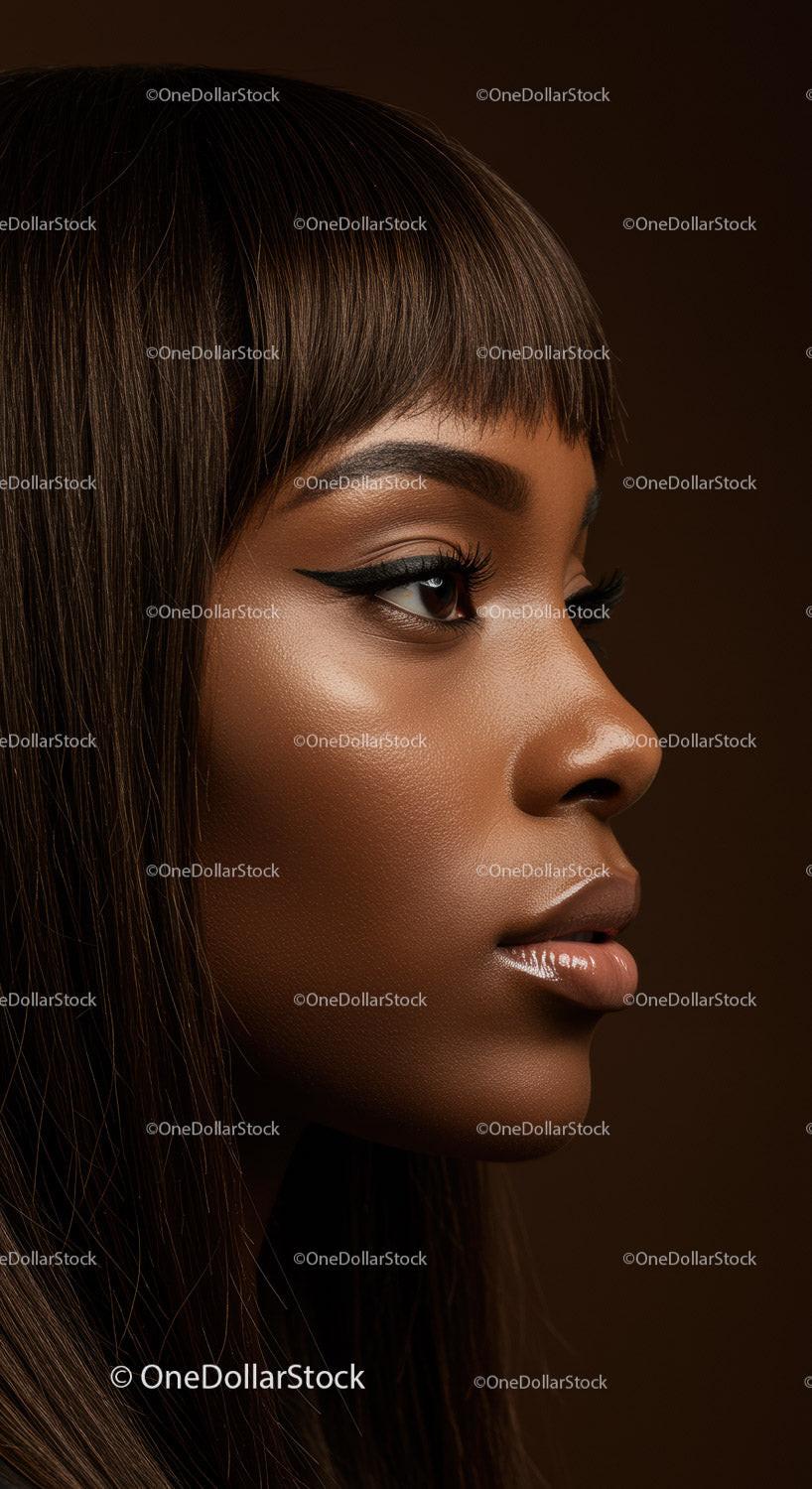 Portrait of a Young Woman with Winged Eyeliner and Glossy Lips