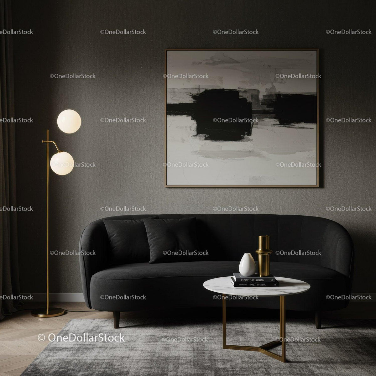 Modern living room with black sofa and abstract art