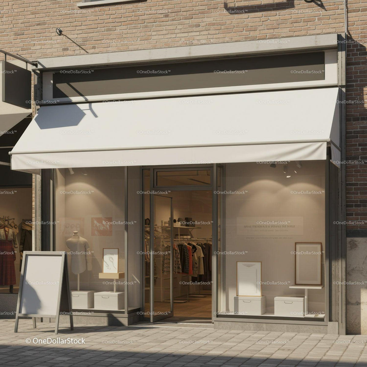 Minimalist fashion store with white canopy and window displays JPG Mockup Image preview