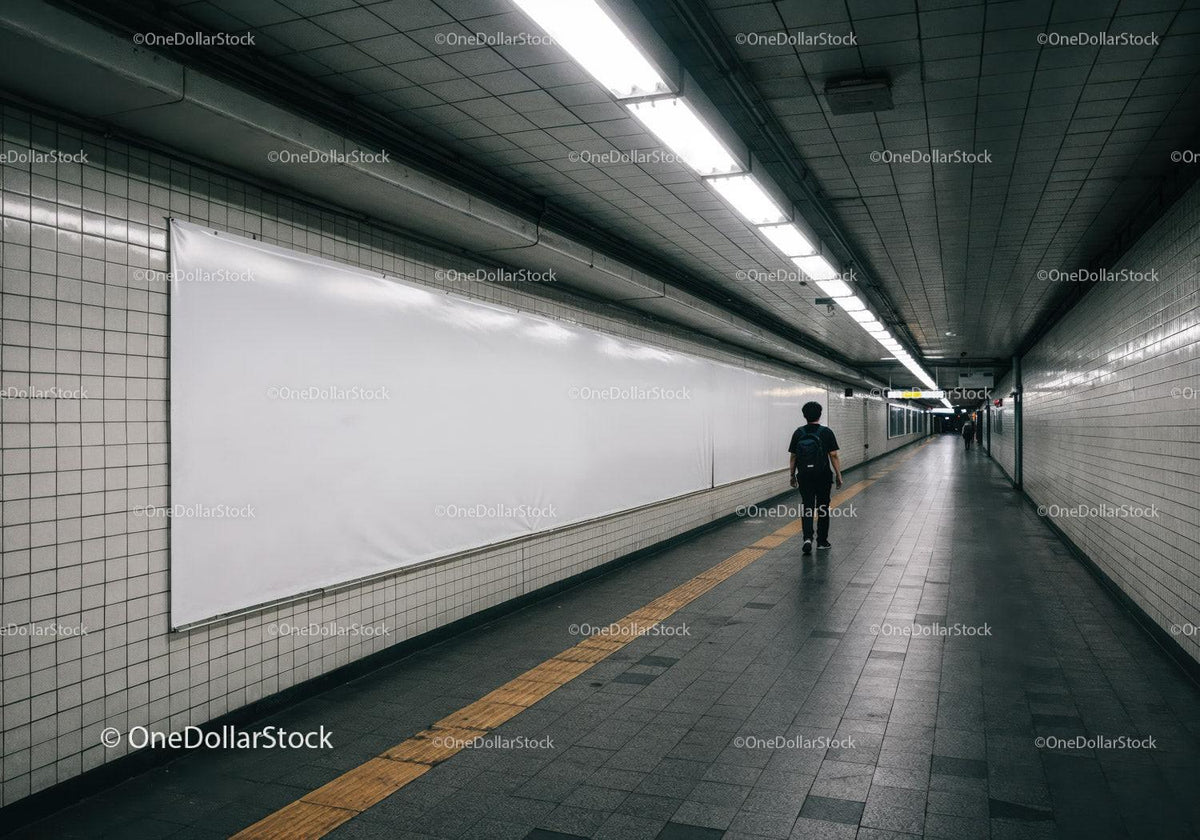 Underground Subway Tunnel with Fluorescent Lighting and Tiled Walls JPG Mockup Image preview