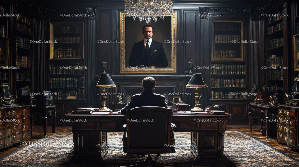 Man sitting in leather chair facing wooden desk in opulent library with portrait and chandelier