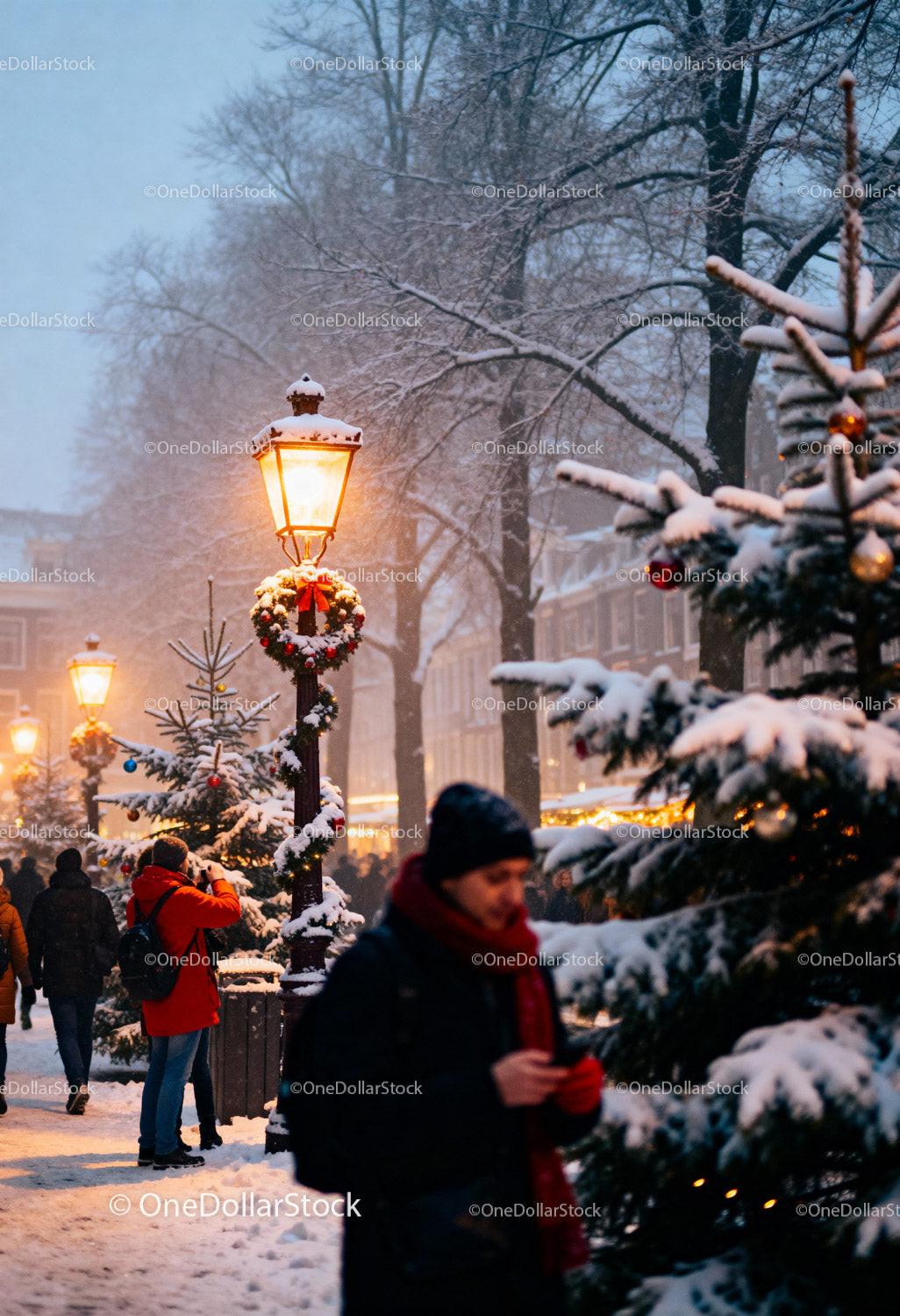 Snowy Christmas Market with Festive Street Lamps