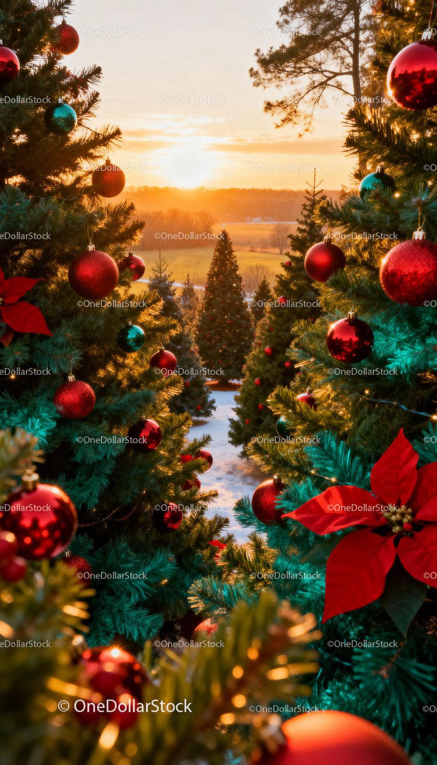 Sunset glowing over decorated Christmas tree farm