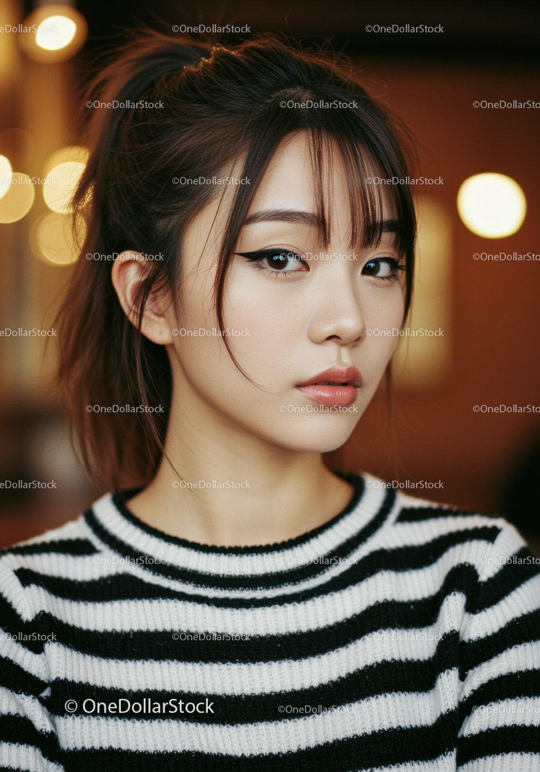 Elegant Young Woman with Bold Makeup and Stylish Hair in Modern Indoor Setting