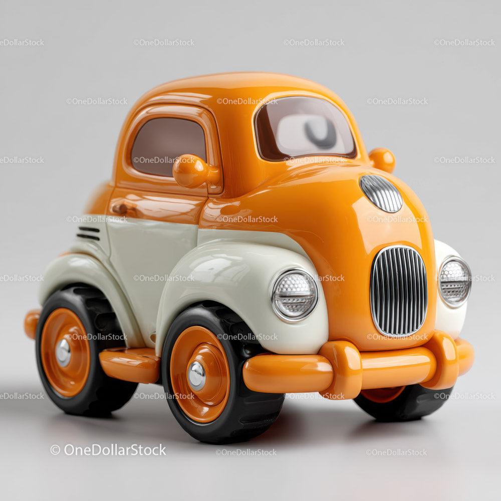 Glossy orange and cream miniature vintage toy car with black wheels on gray background