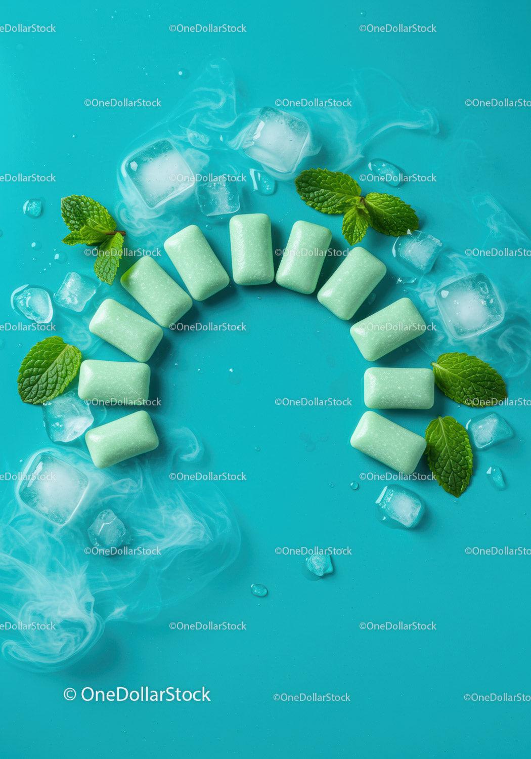 Mint Gum Pieces with Ice and Fresh Leaves on Blue