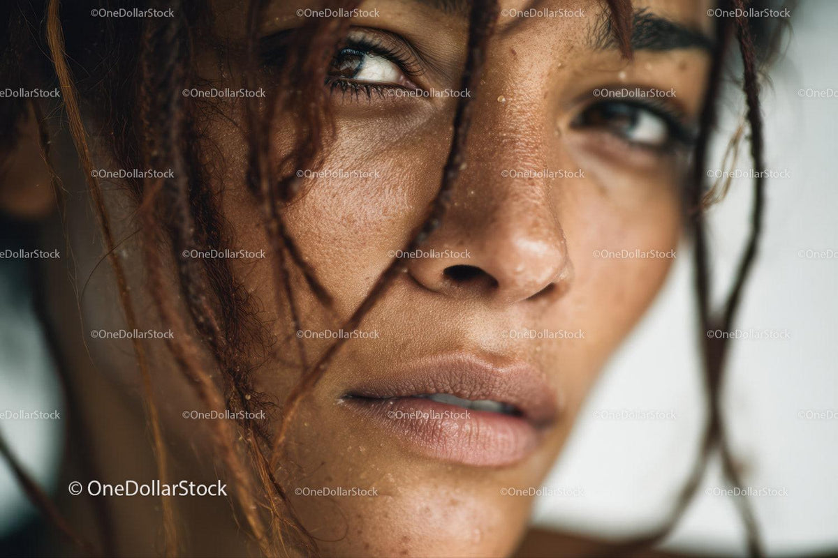 Close-up of a Woman with Freckles and Curly Hair Water droplets skin