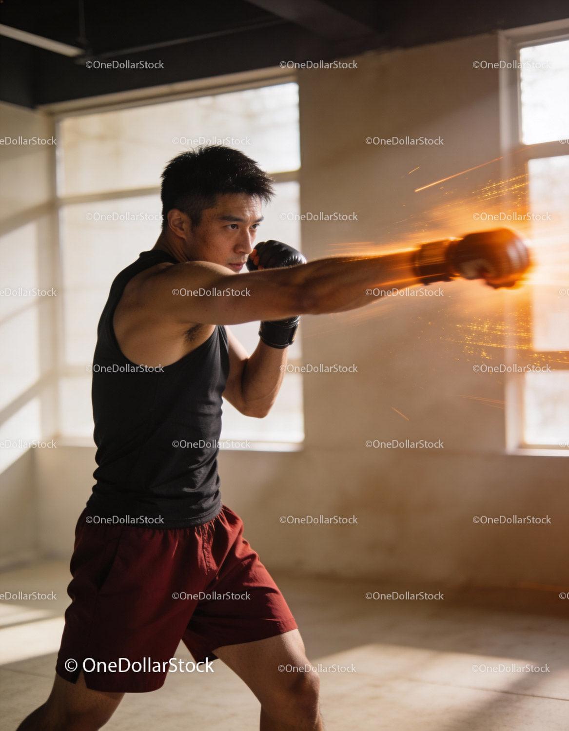 Focused man throwing powerful punch in boxing training