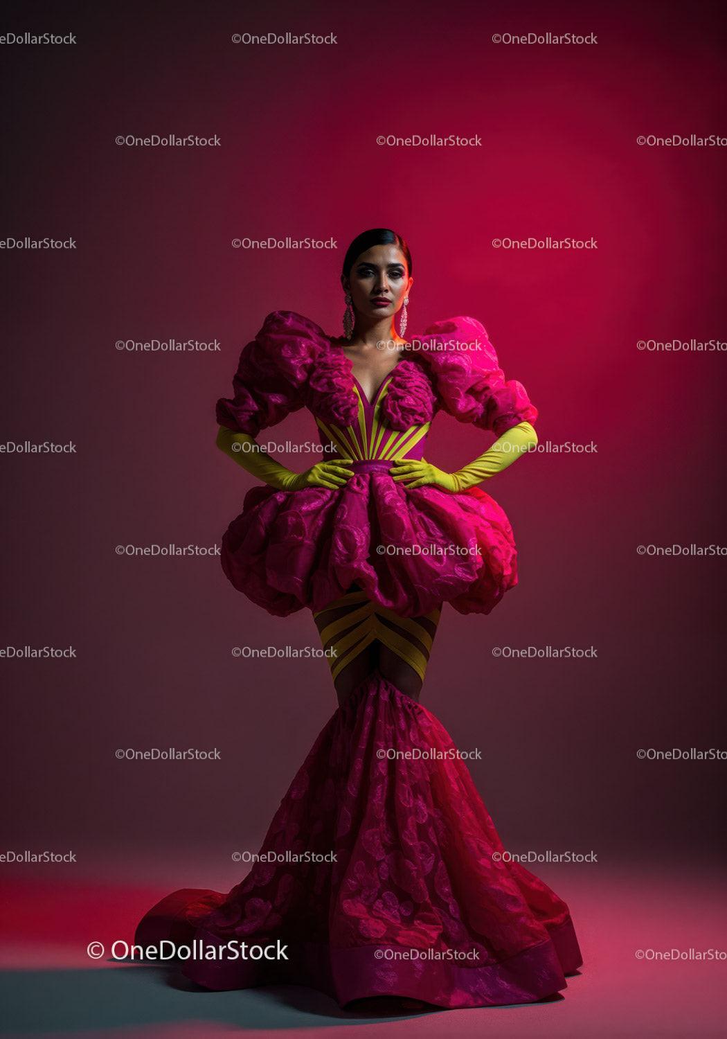 Fashion Model in Vibrant Pink and Yellow Flowing Gown Stock Photo Bundle preview 5