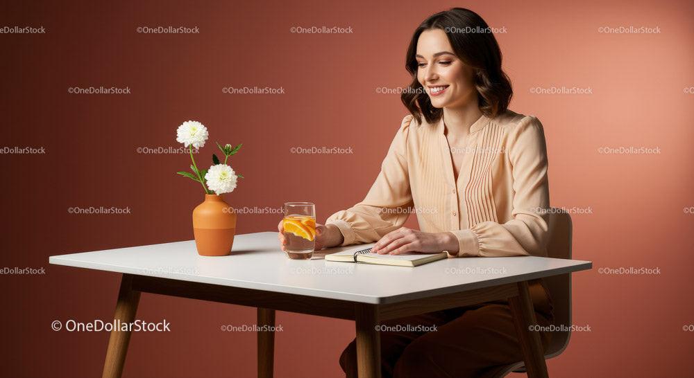 Cheerful Woman Writing at a Table with Flowers and Drinks Stock Photo Bundle preview 12