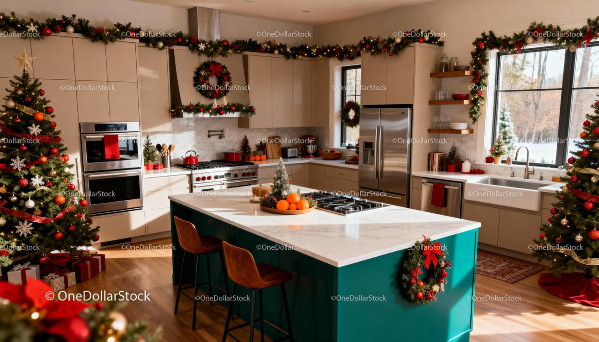 Modern Kitchen Decorated for Cozy Christmas Celebration
