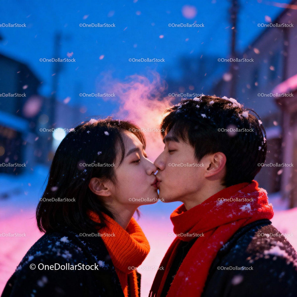 Couple Sharing a Tender Kiss in Snowy Winter Evening