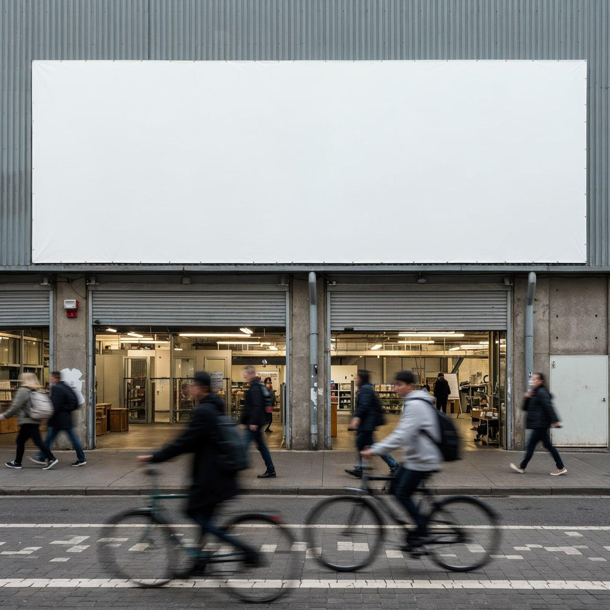 Busy urban street with pedestrians and cyclists passing shop JPG Mockup Image preview