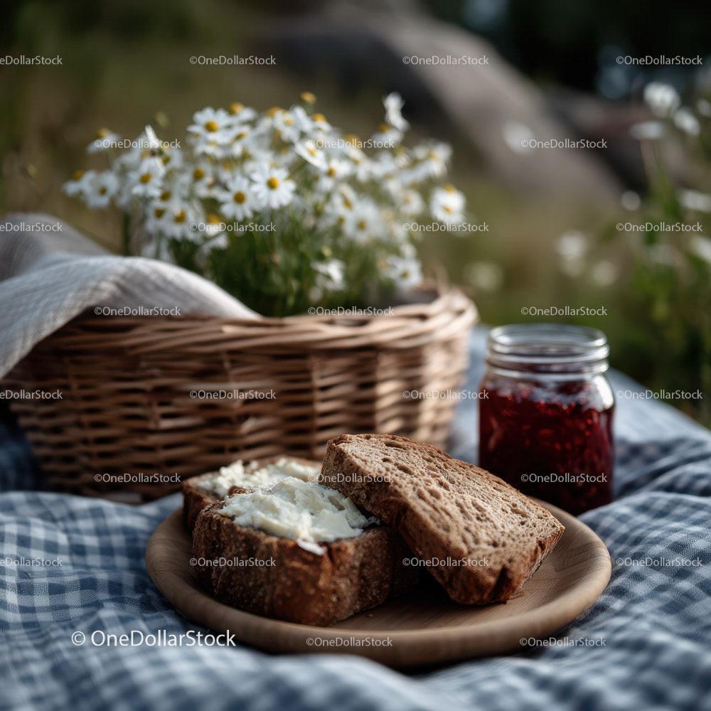 stock photo bundle made with Rustic Bread Basket with Milk Jars and Daisy Flowers in Outdoor Setting Stock Photo Bundle