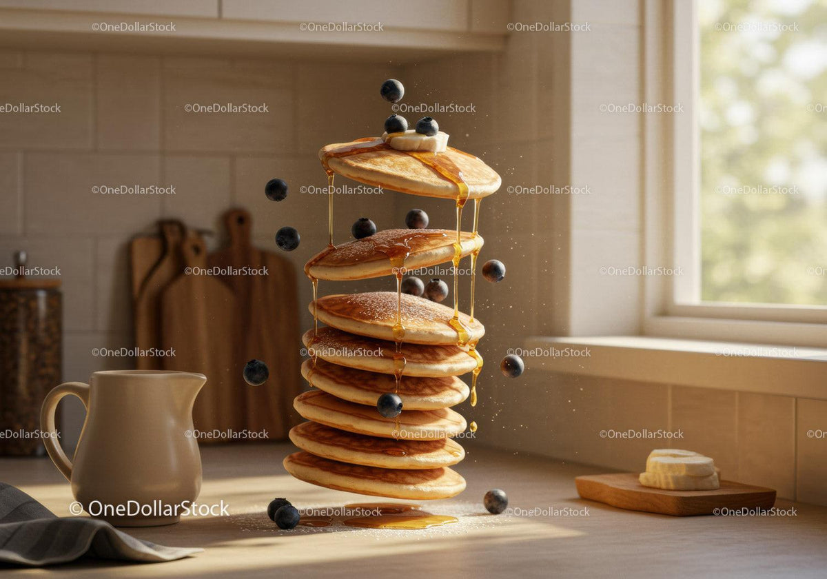 Stack of fluffy pancakes with blueberries and syrup