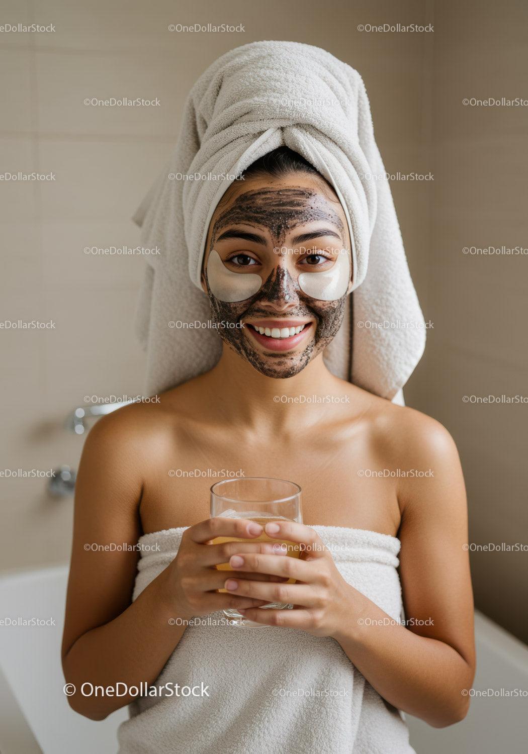 Young Woman Enjoying Facial Mask and Skincare at Home