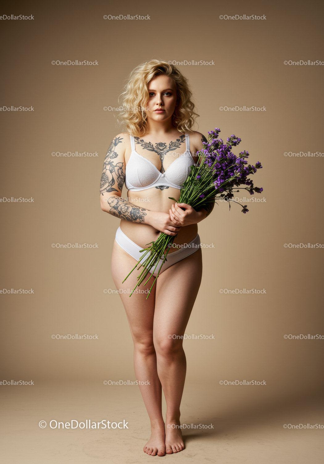 Portrait of a Woman with Tattoos Holding Lavender and Flowers