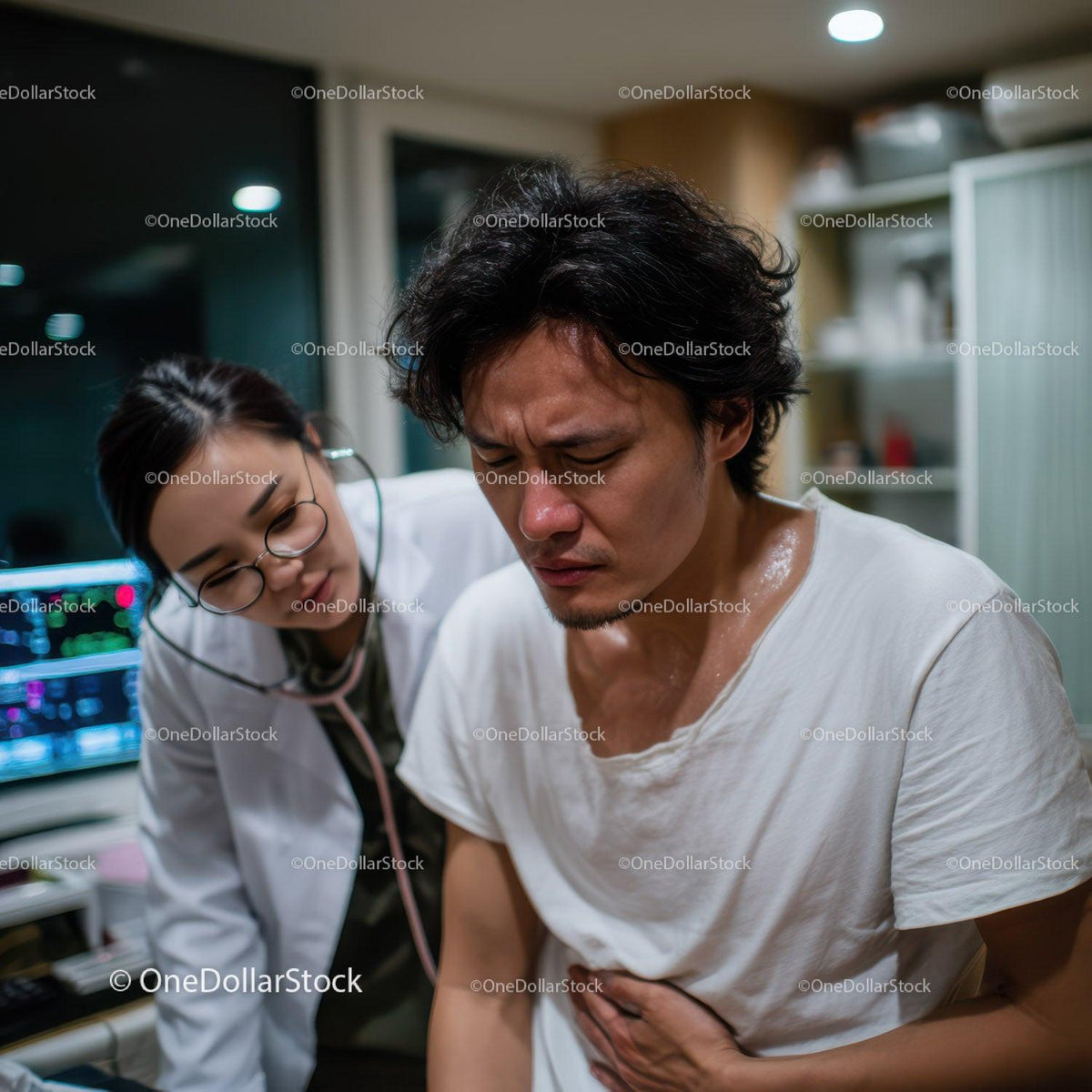Medical Professional Examining Man Suffering from Stomach Pain in Healthcare Setting