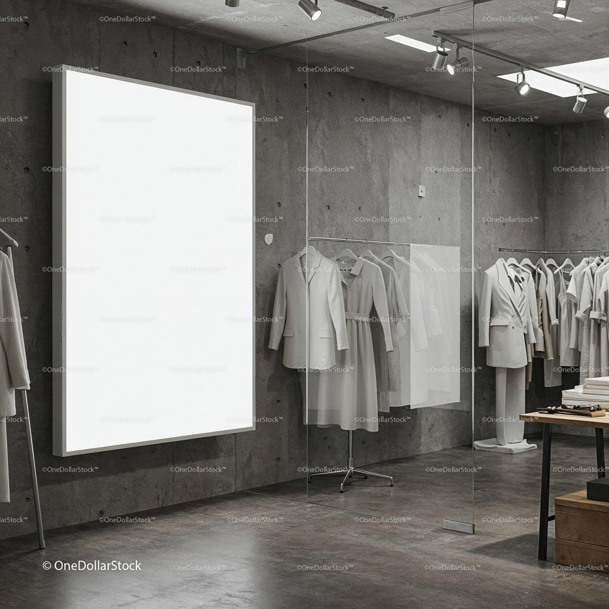Minimalist fashion showroom with neutral toned clothing JPG Mockup Image preview