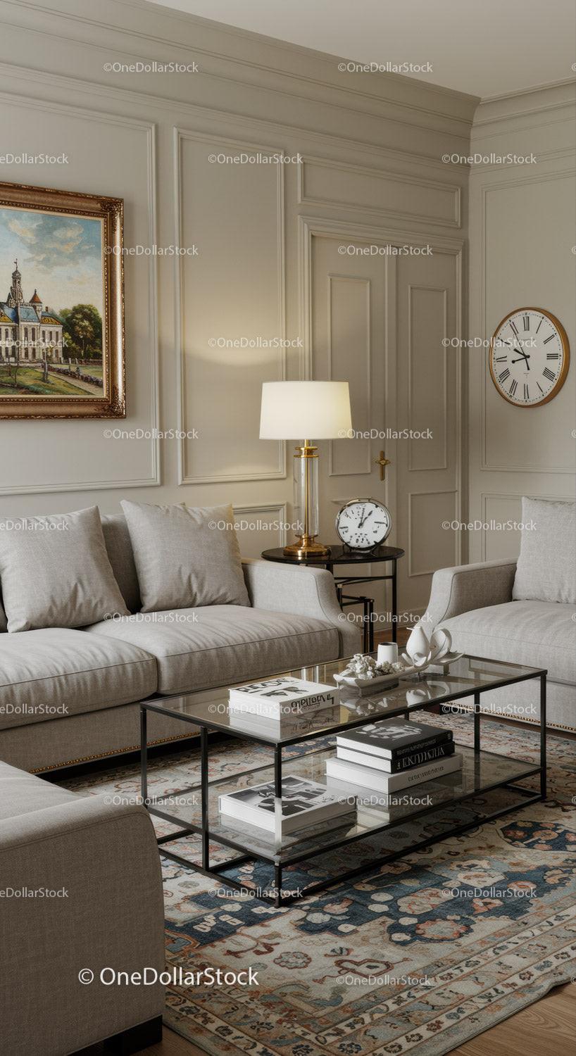 Elegant Modern Living Room with Classic Wall Clock and Decor