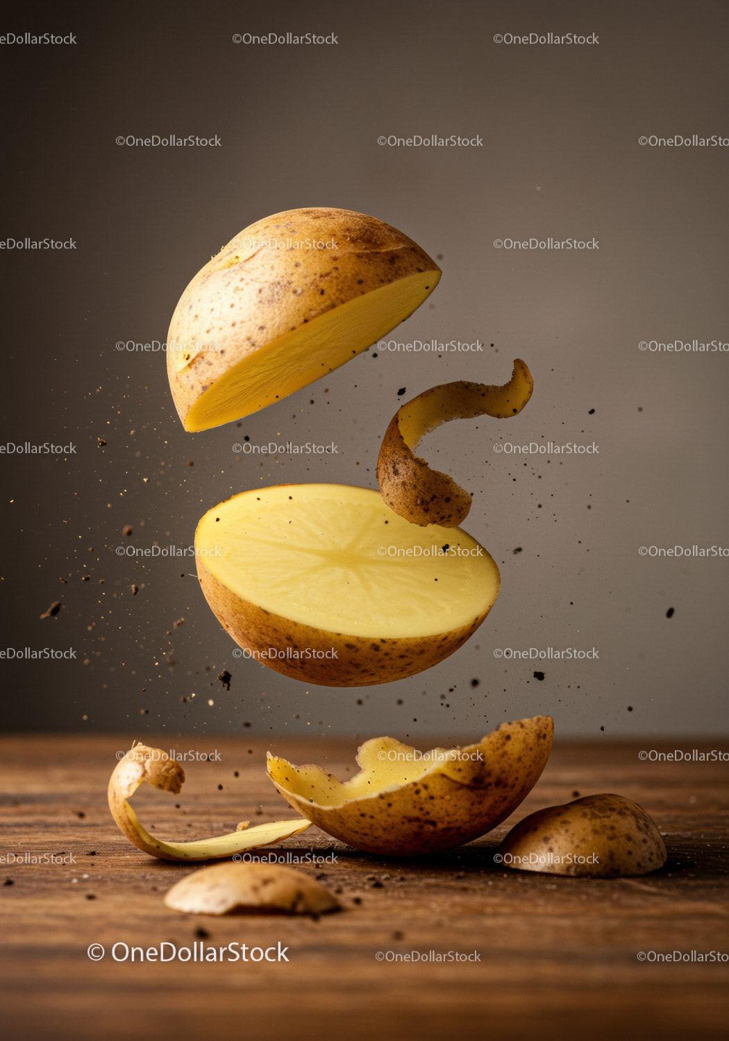 Sliced potato floating with peeling and dirt particles