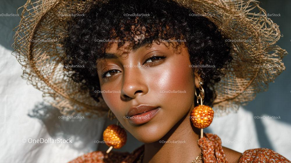 Stylish Woman in Straw Hat with Orange Earrings in Summer Fashion