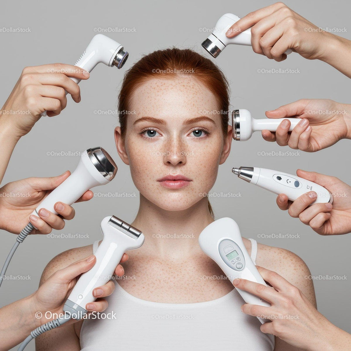 Young Woman Receiving Facial Skincare Treatment with Multiple Devices