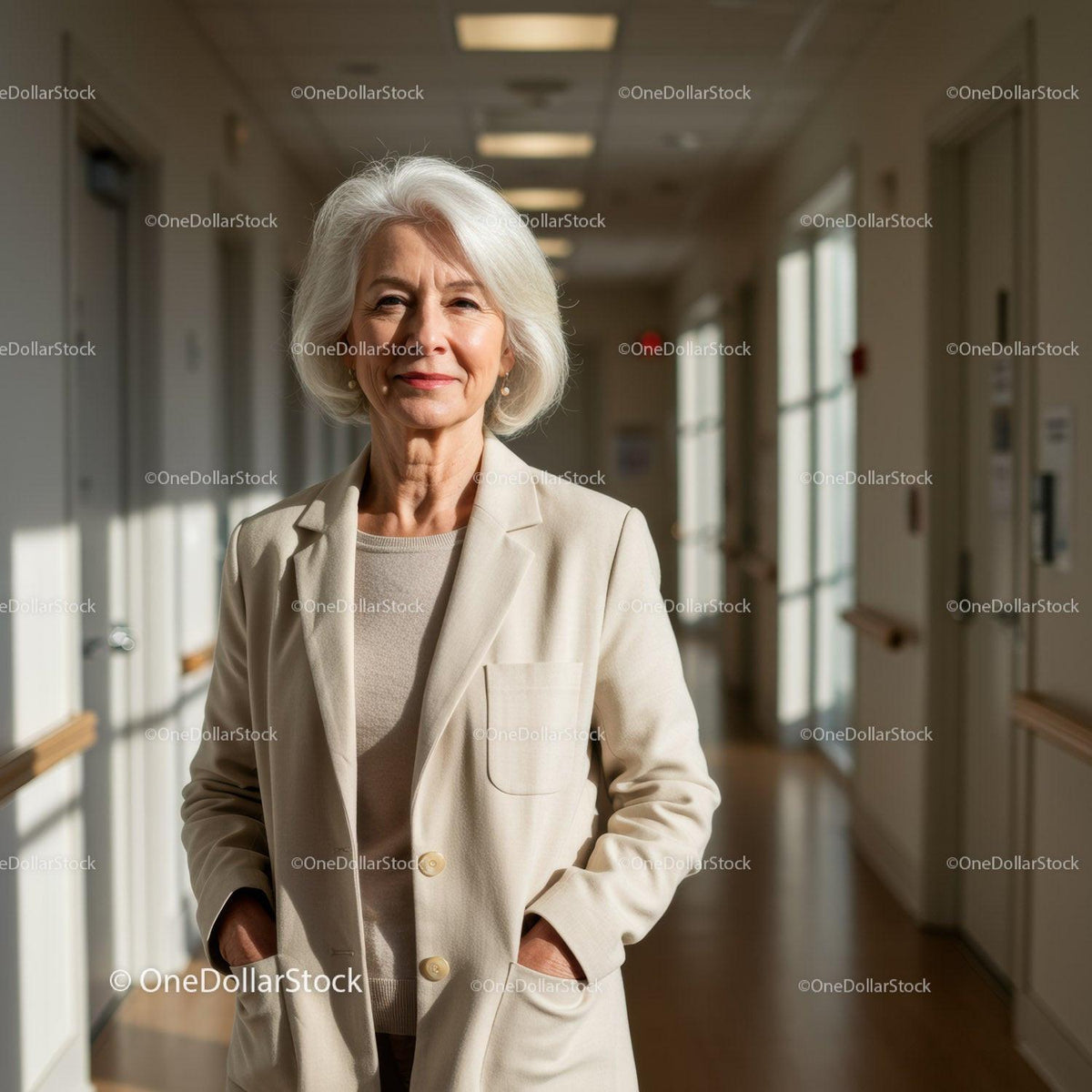 Confident Elderly Woman in White Blazer Standing in Healthcare Corridor