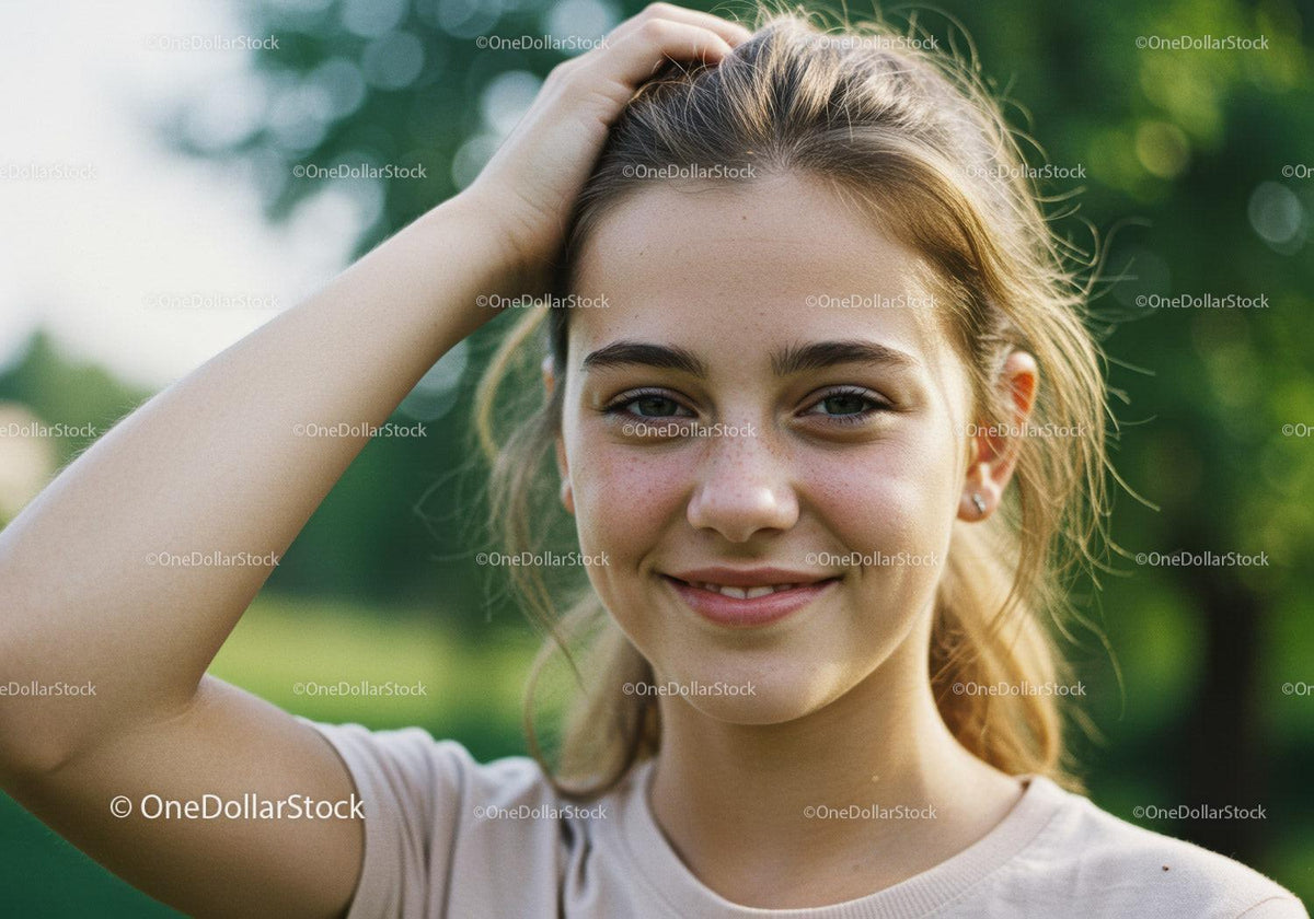 Smiling Young Woman with Blonde Hair Outdoors in Nature