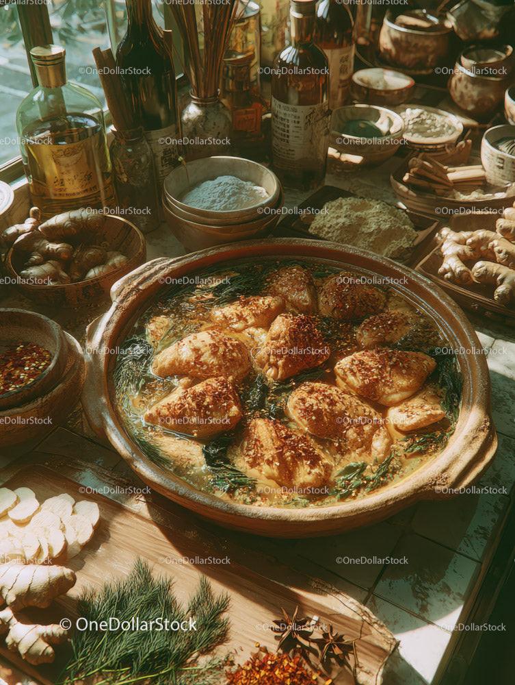 Clay Pot with Chicken and Herbs in Rustic Kitchen