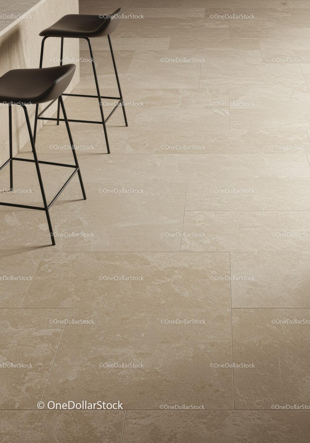 Beige Tile Floor with Modern Black Bar Stools in Stylish Interior