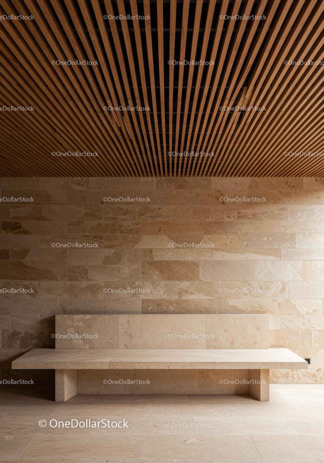 Contemporary Interior with Beige Stone Wall and Wooden Ceiling Slats
