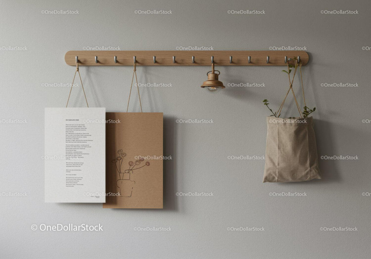 Minimalist Wooden Coat Hook with Hanging Plant Bag and Paper Art