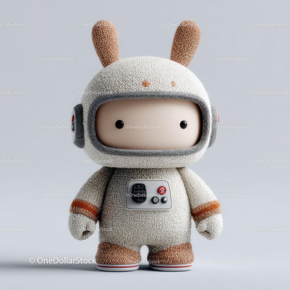 Plush robot toy with bunny ears and knitted texture standing on gray background
