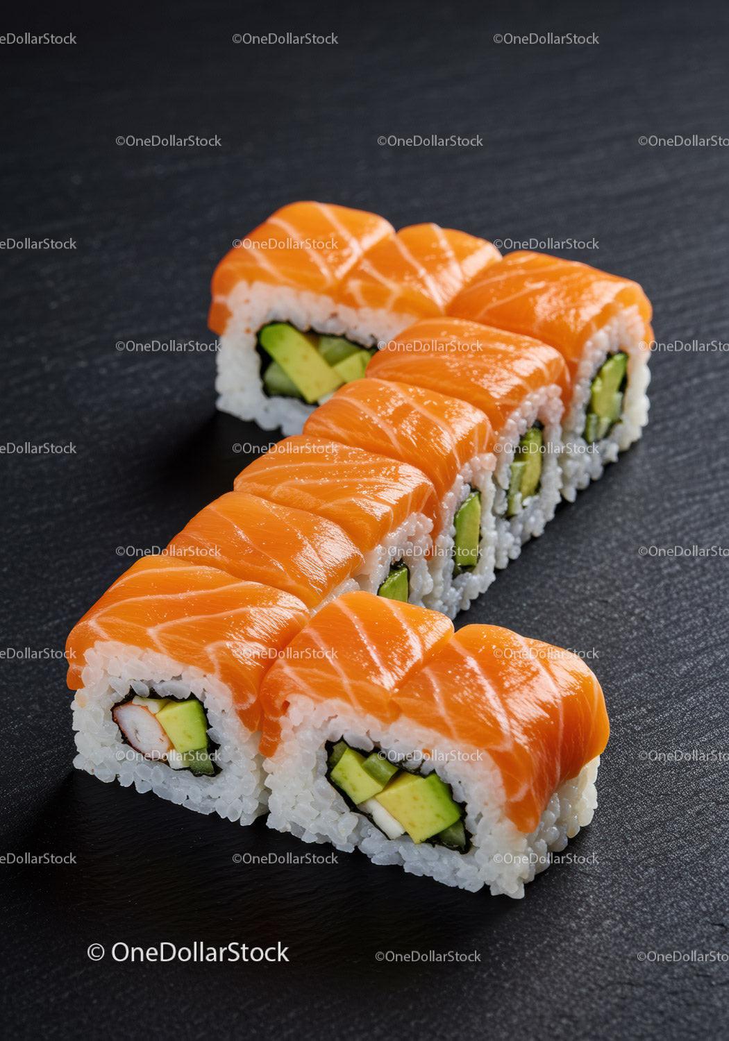 Fresh salmon sushi rolls with avocado and crab