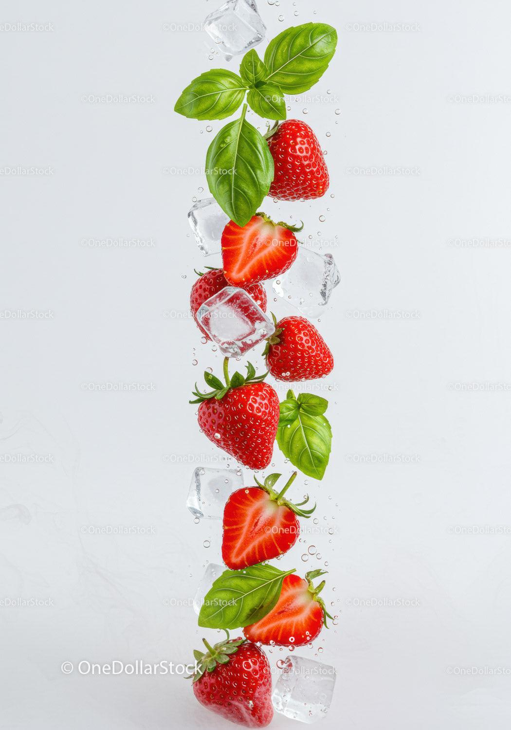 Fresh Strawberries and Basil with Ice Cubes in Water