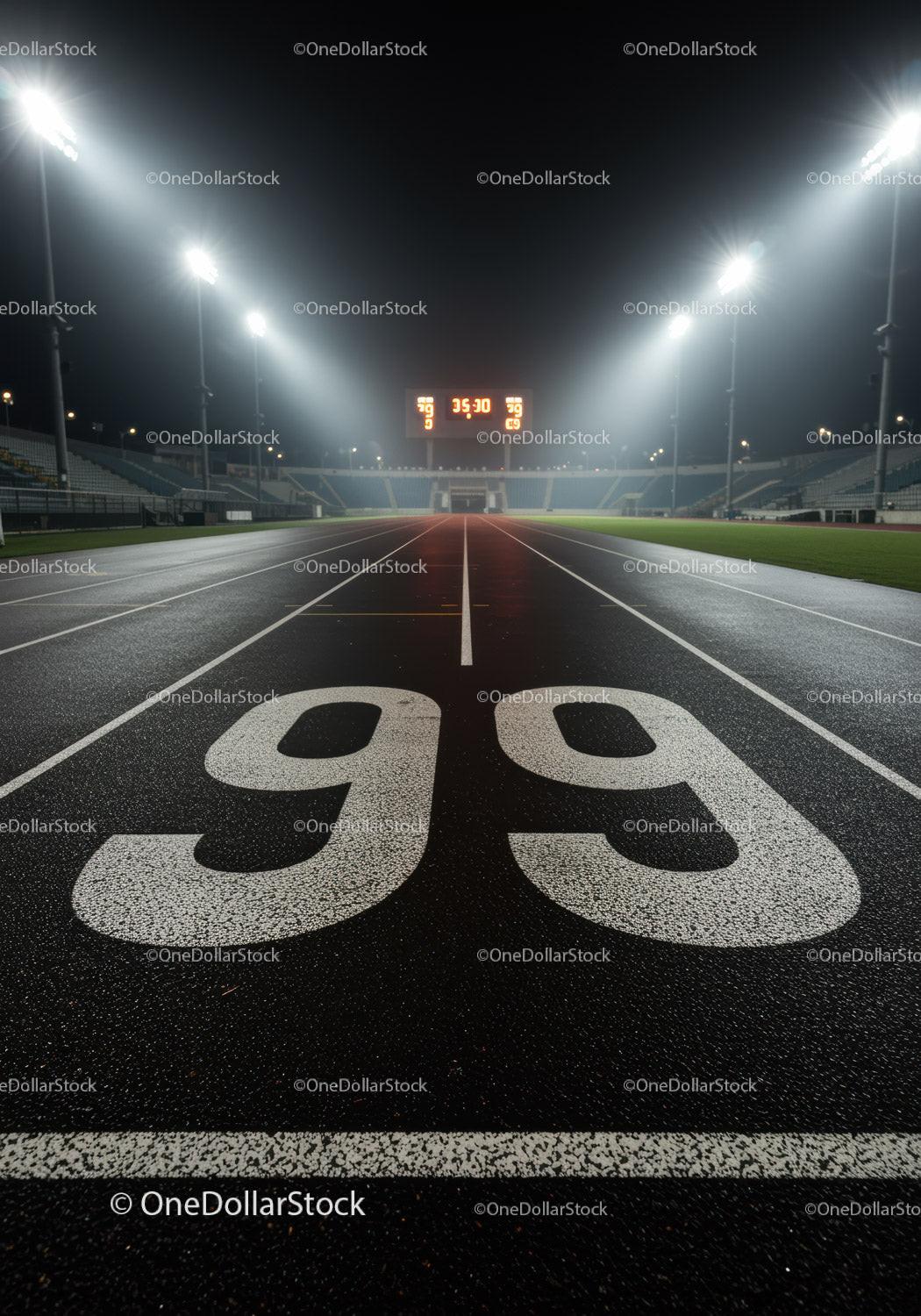 Empty Running Track at Night with Bright Stadium Lights