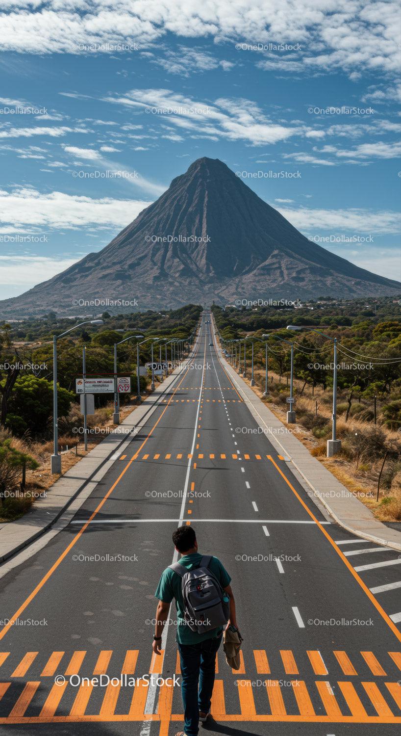 Scenic Road Leading to Iconic Mountain and Volcanic Landscape