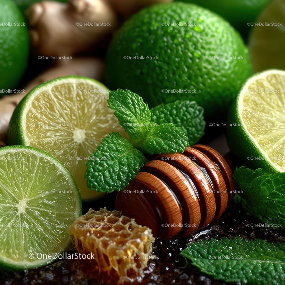 Fresh Limes, Mint Leaves and Honeycomb for Delicious Recipes Stock Photo Bundle preview 16
