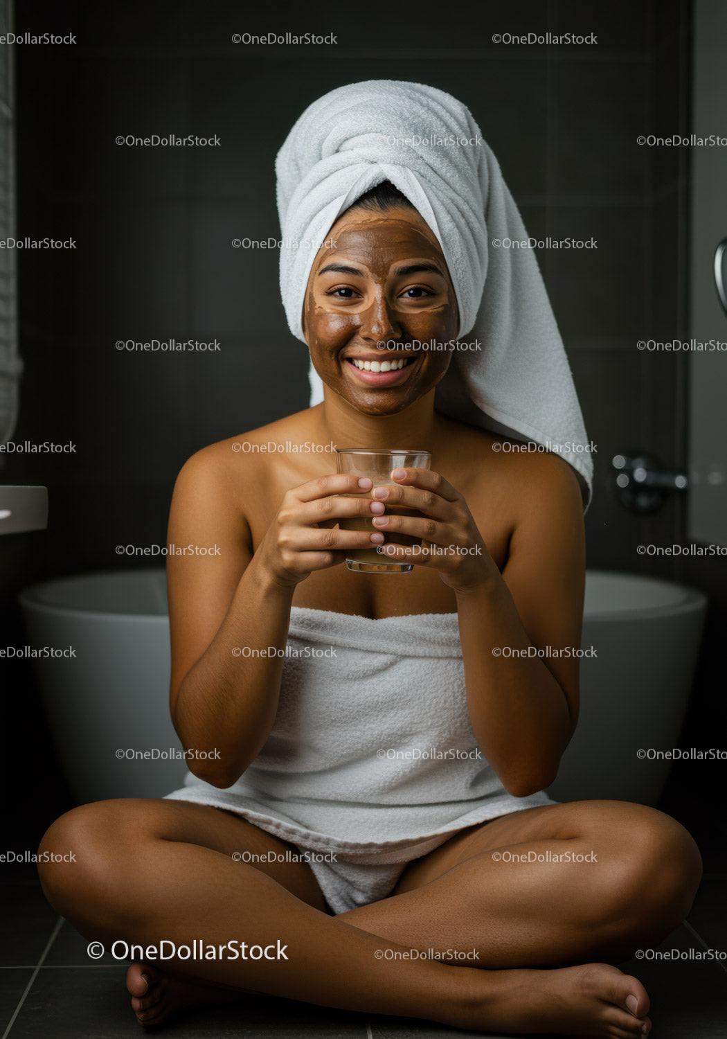 Young Woman with Facial Mask and Towel in a Bathroom