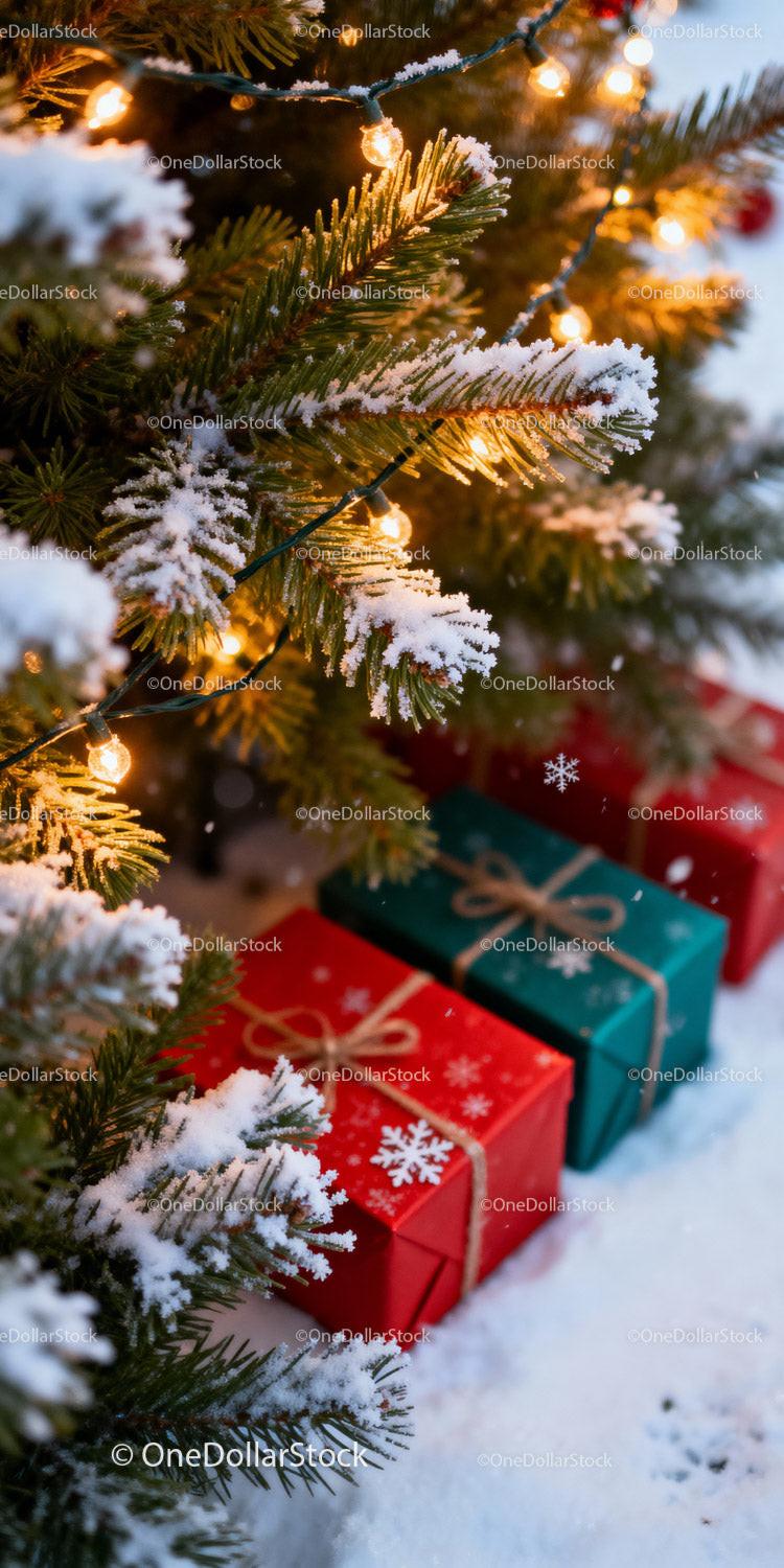 Snow Covered Pine Branches with Warm Christmas Lights