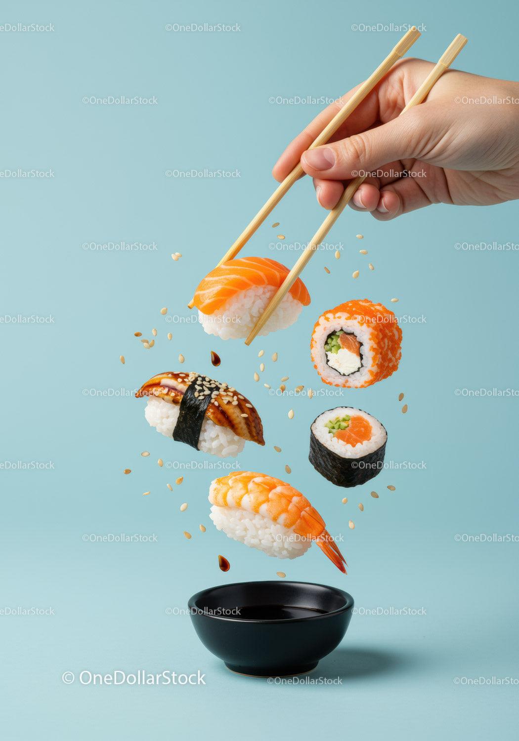 Hand Picking Fresh Sushi Pieces with Chopsticks Over Sauce
