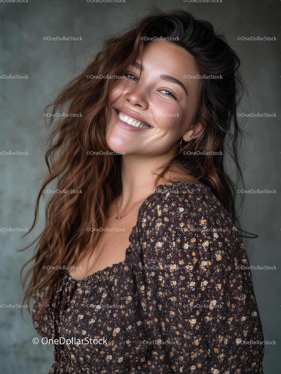 Smiling Woman with Wavy Hair and Elegant Dress in a Studio