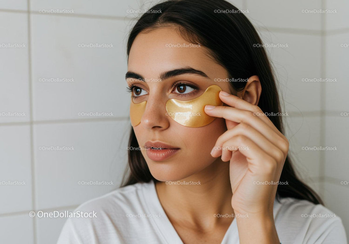 Young Woman Applying Gold Eye Masks for Skincare Rejuvenation
