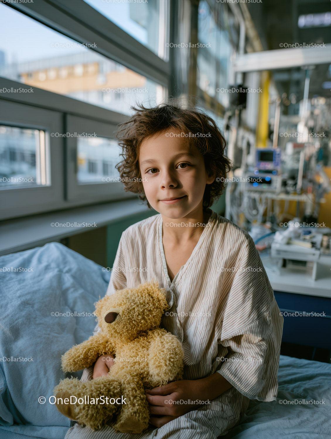 Young Child in Hospital Holding Teddy Bear in Bright Hospital Room