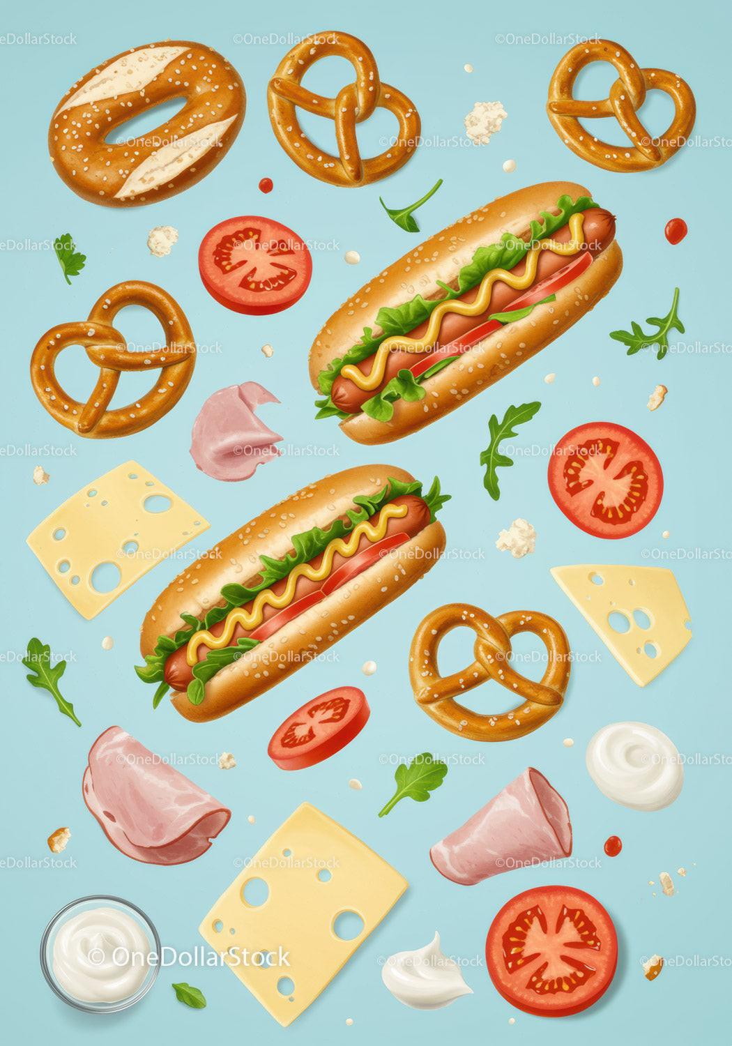 Fresh hot dogs with pretzels and ingredients on blue