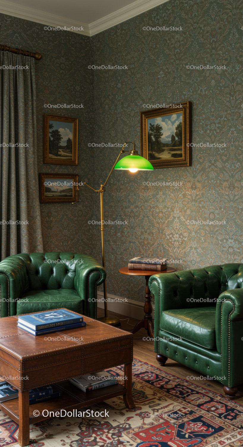 Classic green leather armchairs in vintage reading nook